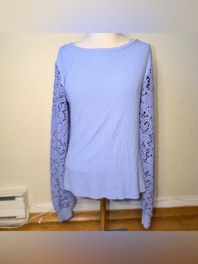 BiBi Ribbed Body Crochet Sleeve Blouse Top Lavender Purple M GUC Boho Cottage